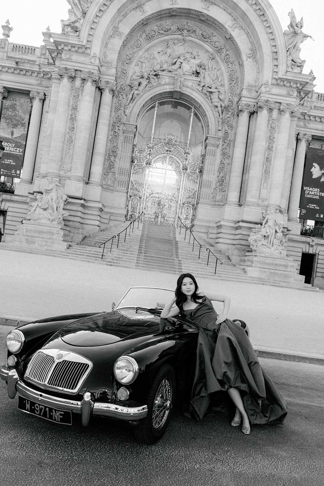Editorial bridal portrait with a vintage MG roadster in front of Petit Palais in Paris