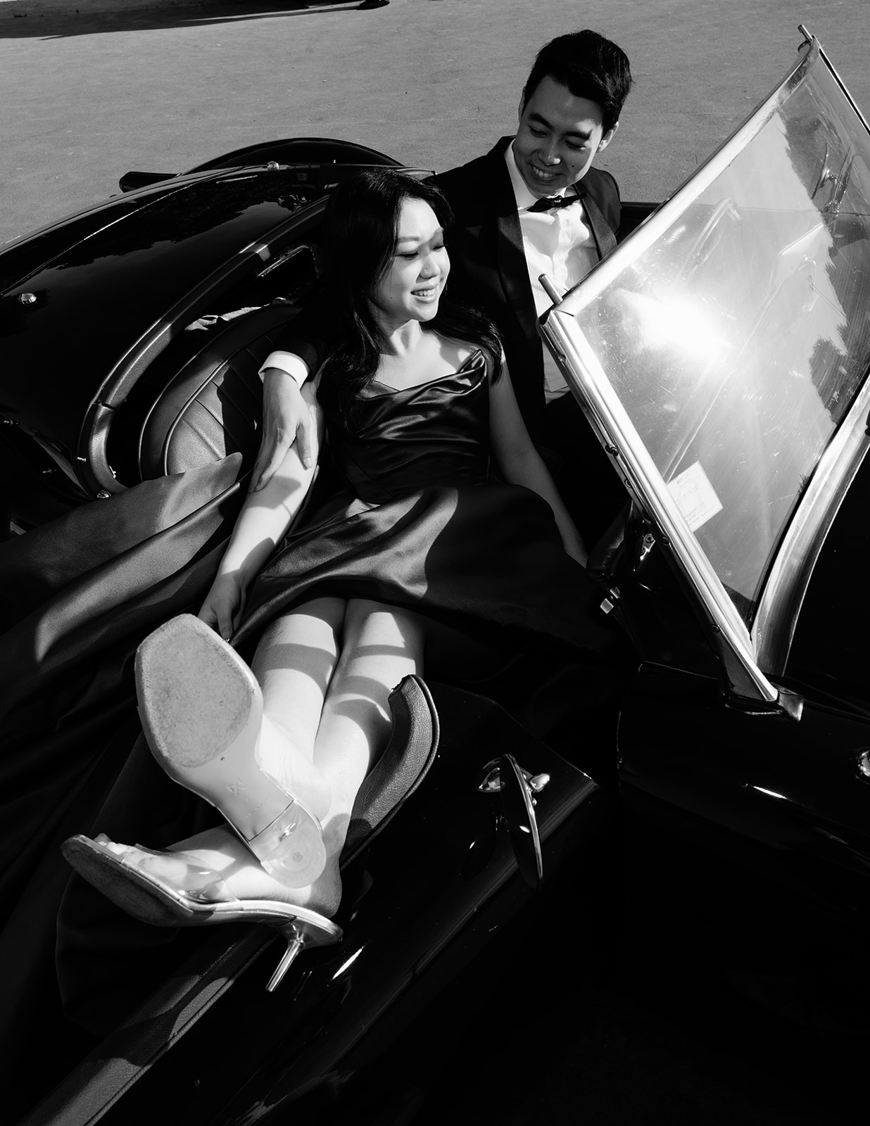 Luxury pre wedding editorial with a vintage convertible in Paris