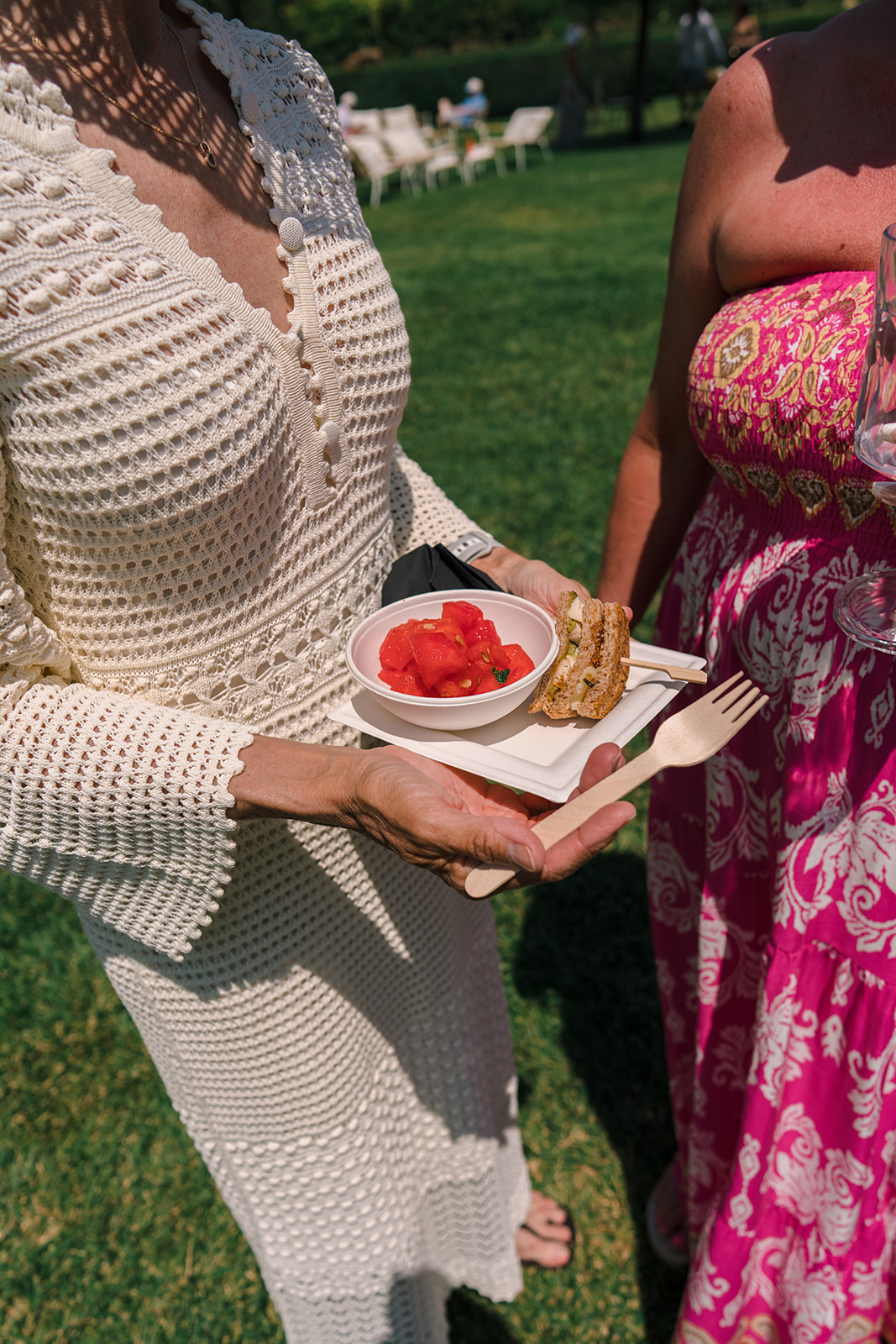 Fresh watermelon salad served at a summer wedding pool party in Provence