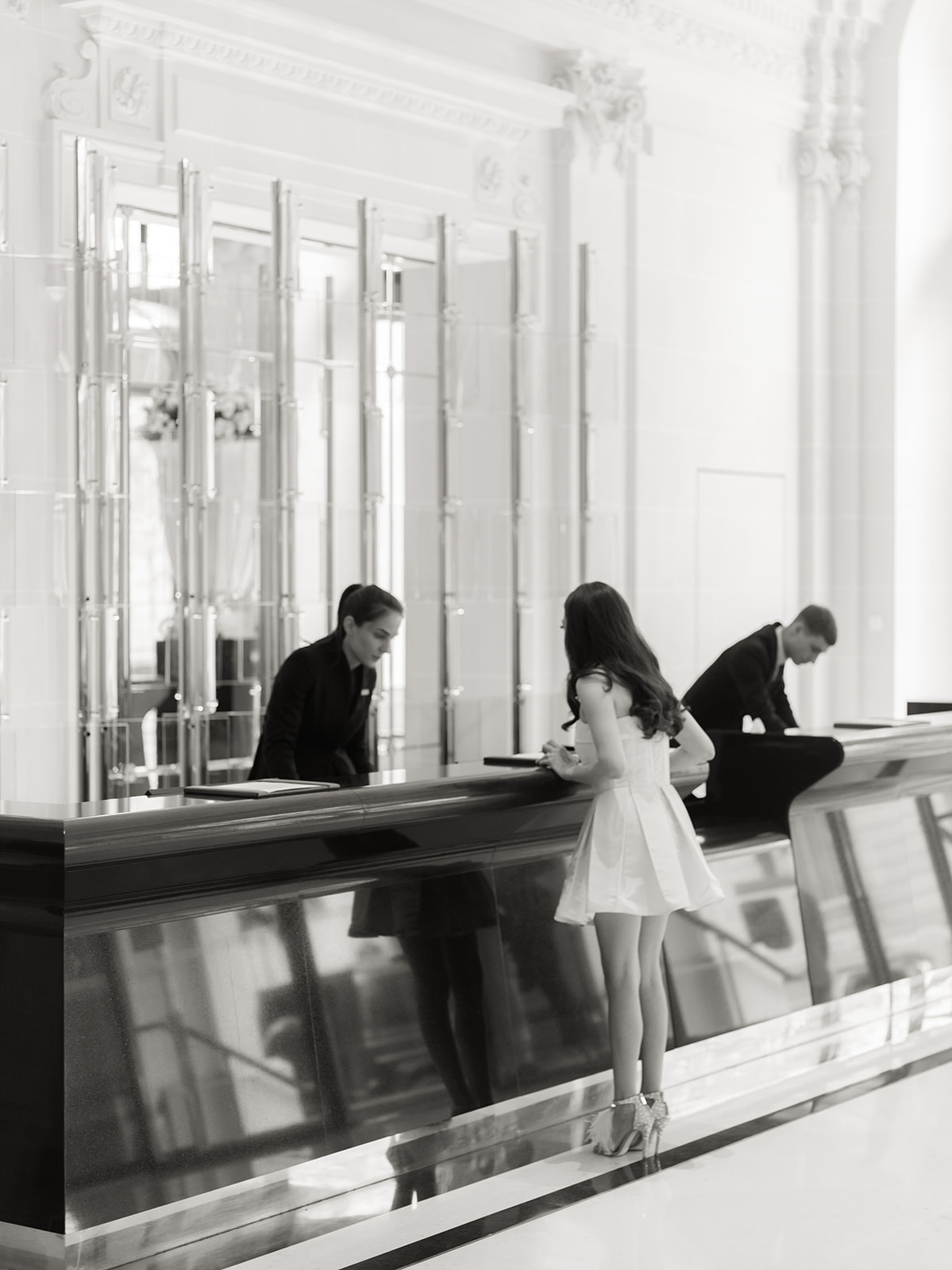 Editorial elopement portrait in the lobby of The Peninsula Paris