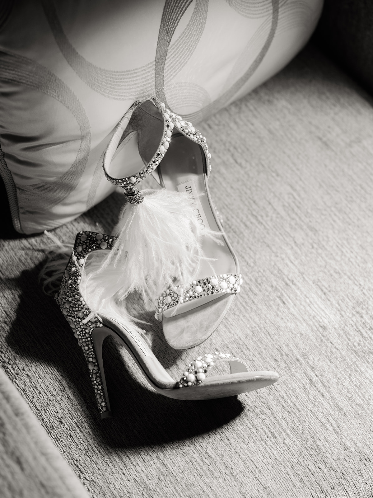 Embellished Jimmy Choo wedding shoes photographed in a Peninsula Paris suite