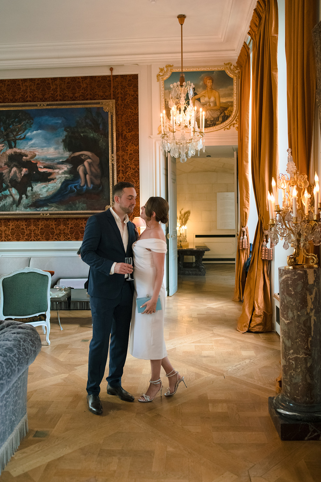 Editorial couple portrait during a wedding welcome dinner in Paris