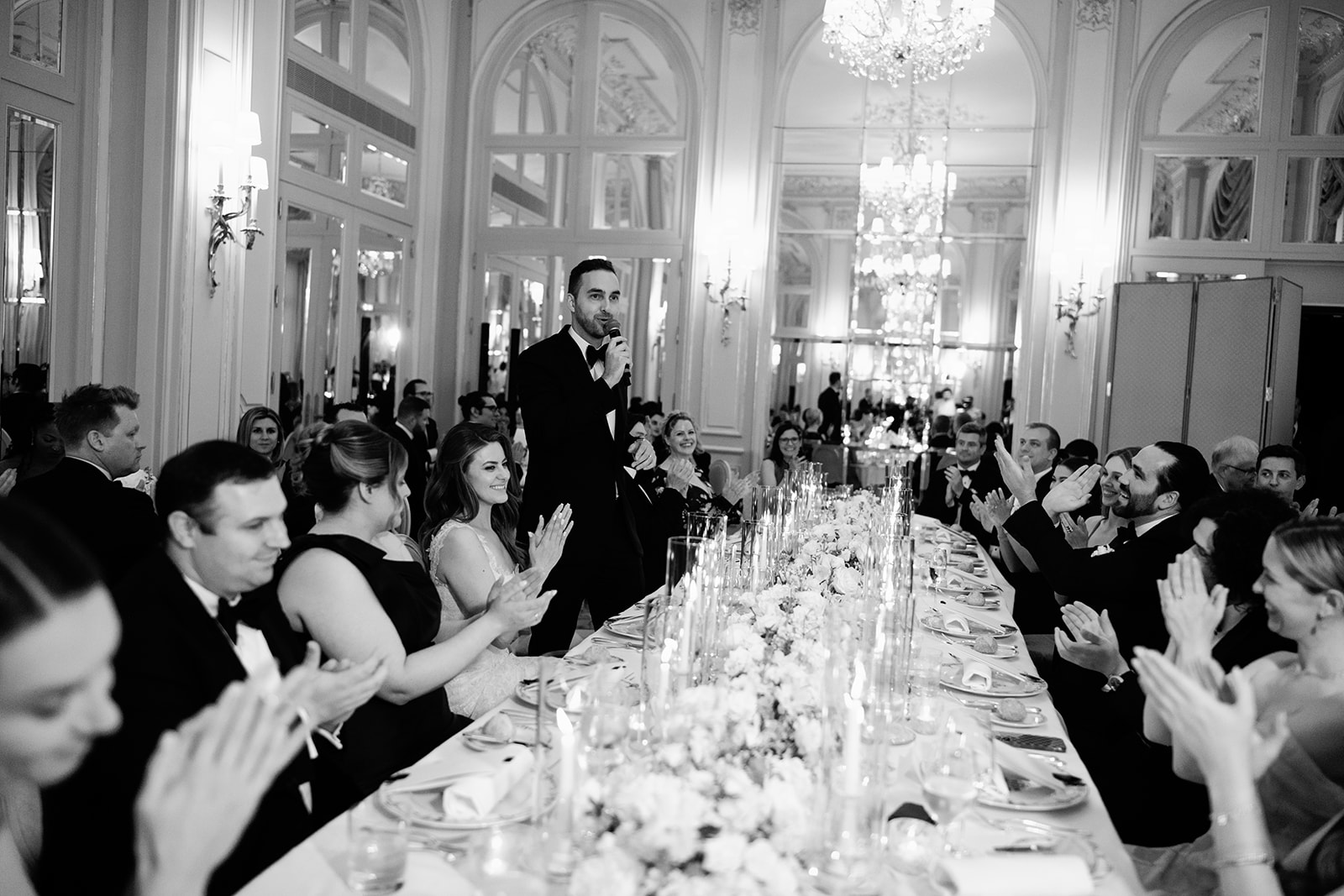 Black-and-white wedding dinner toast at the Ritz Paris