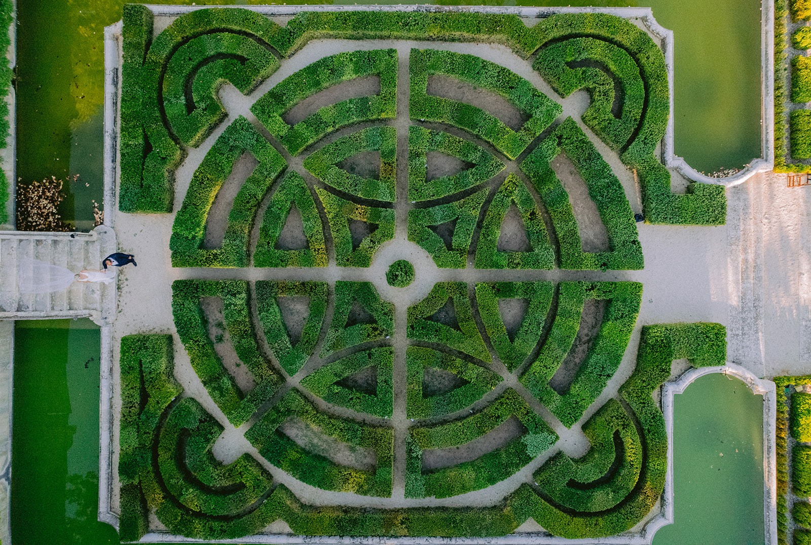 Top-down drone view of the geometric gardens at Château de la Gaude
