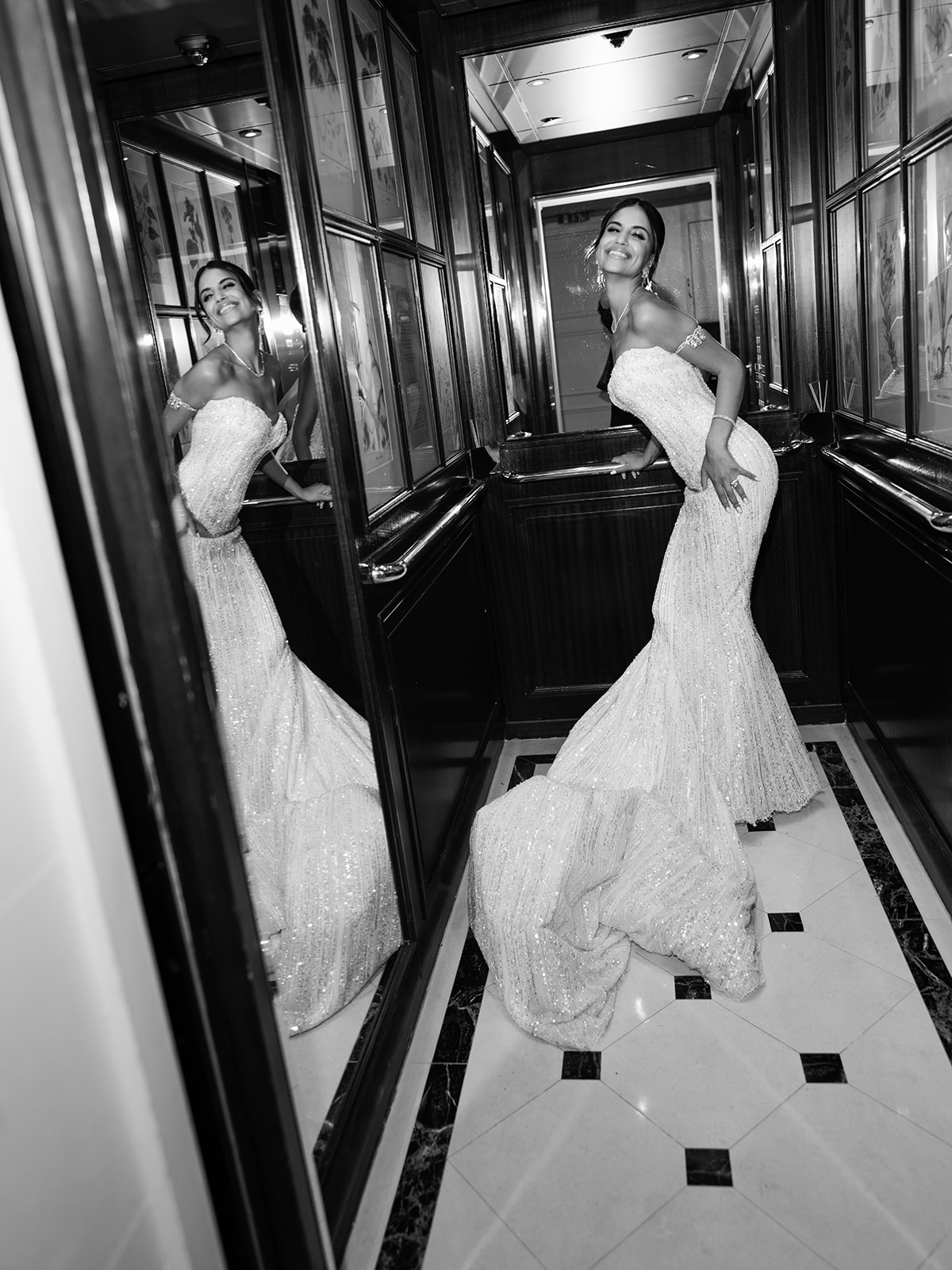 Editorial bridal portrait photographed inside an elegant Paris interior