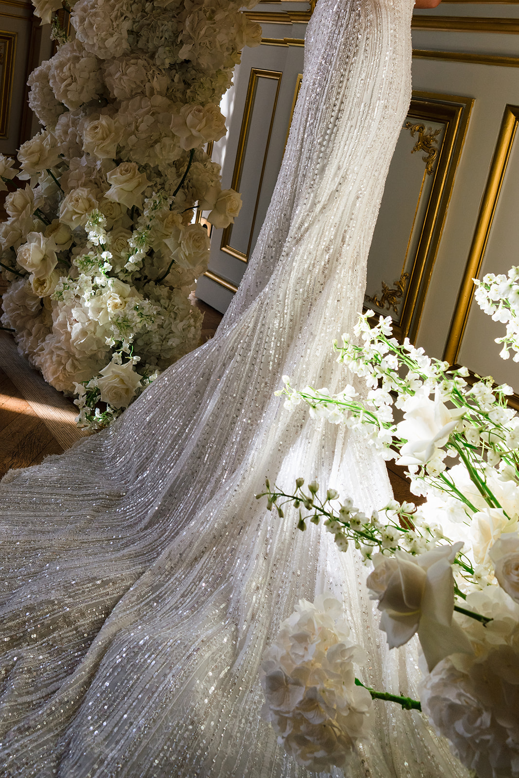 Bridal gown and floral details photographed in a fashion-inspired Paris style