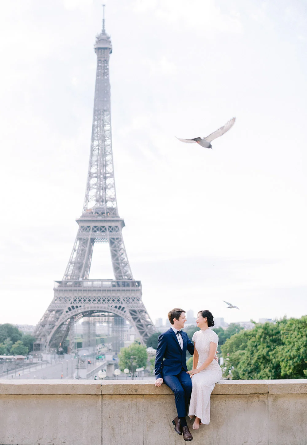 Couple portrait during an early morning pre-wedding session in Paris