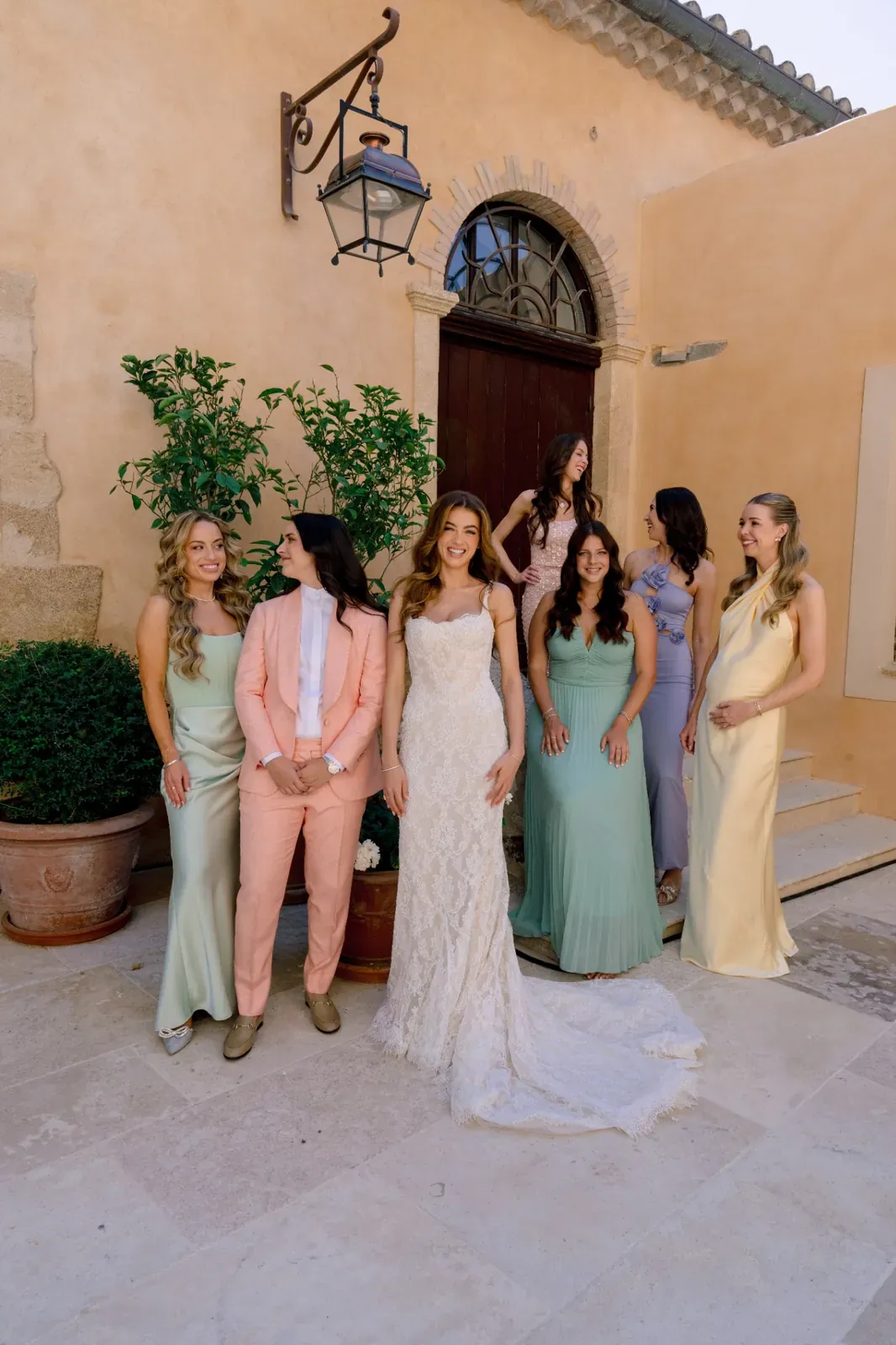 Bride with her wedding party outside Villa Baulieu on Day 3 in Provence
