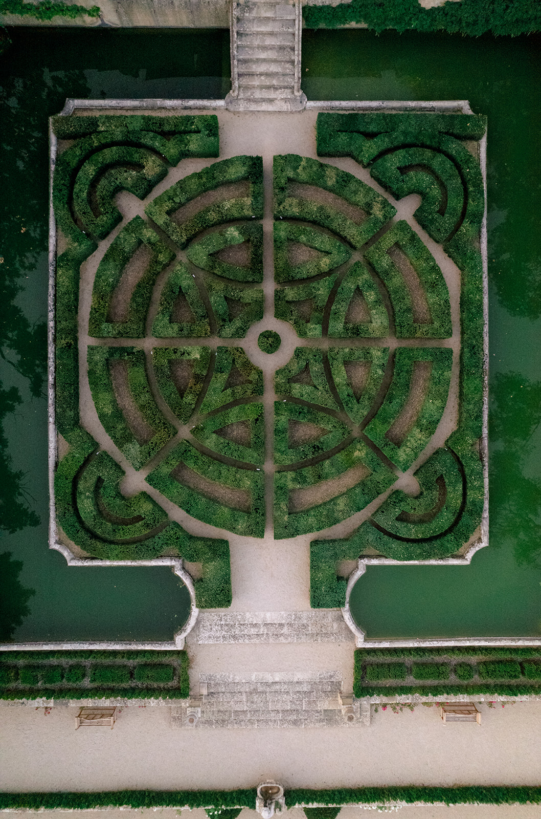 Aerial view of the formal gardens at Villa Baulieu in Provence