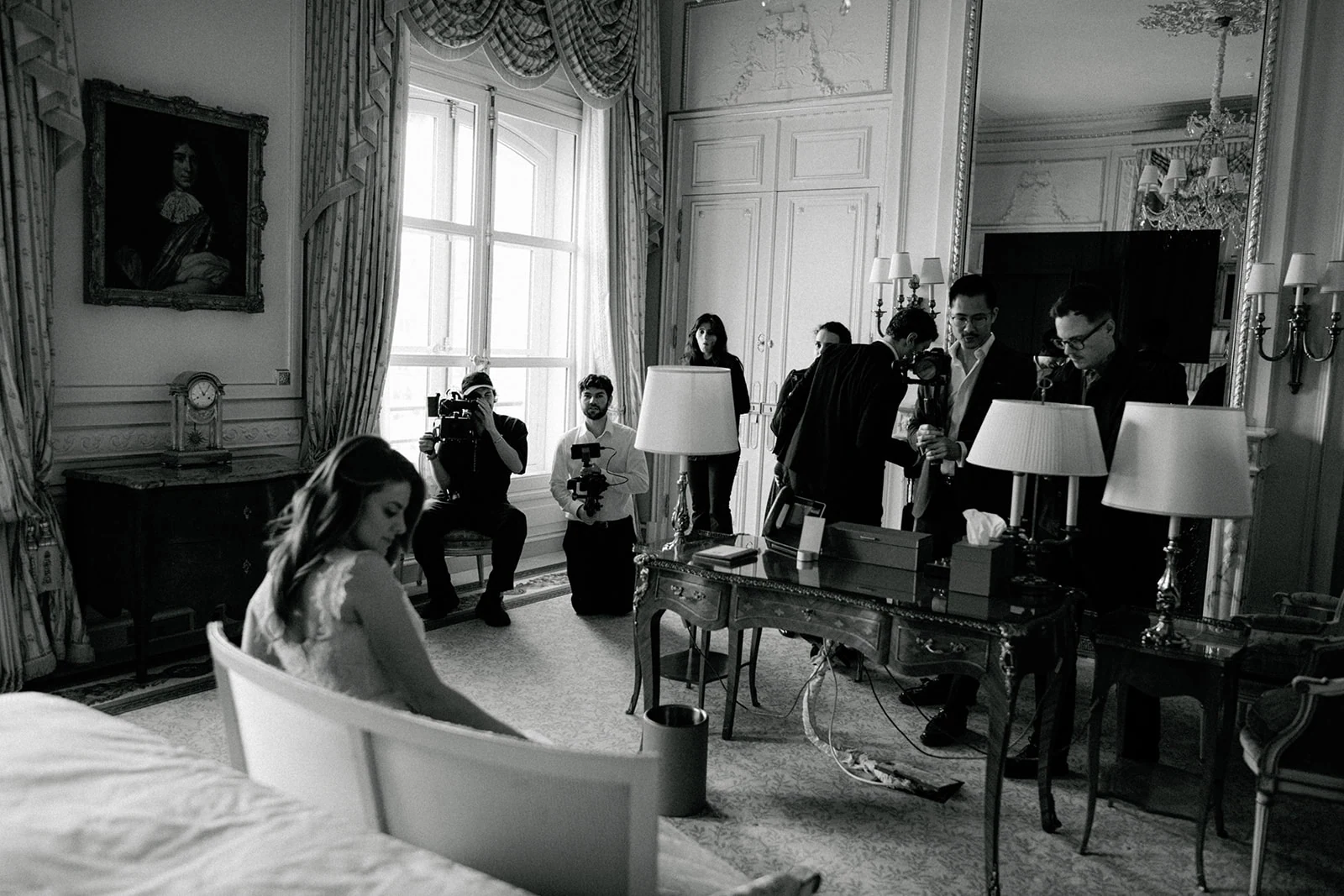 Behind-the-scenes bridal preparation in an ornate Ritz Paris suite