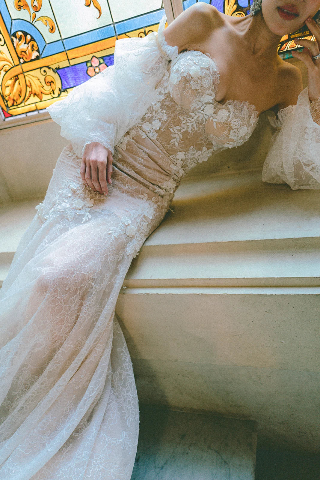 Editorial bridal fashion portrait inside Shangri-La Paris