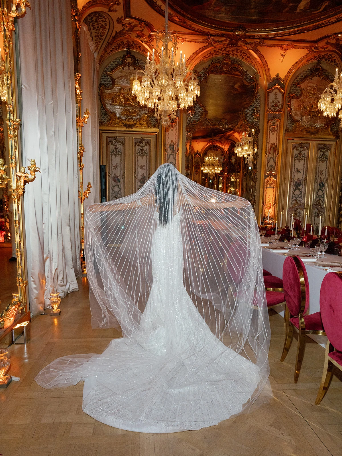 Bride photographed from behind beneath a long veil in a historic Paris wedding salon