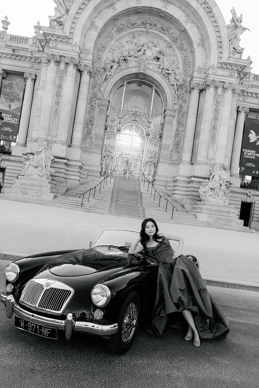 Editorial bridal portrait with a vintage MG roadster in front of Petit Palais in Paris