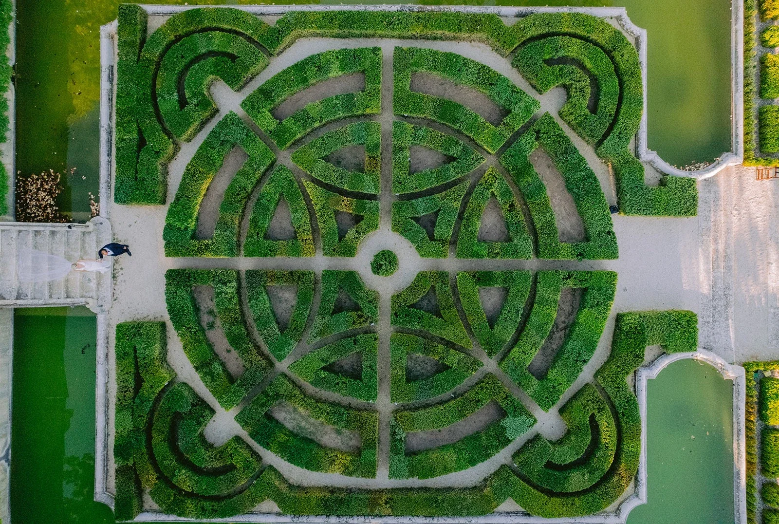 Top-down drone view of the geometric gardens at Château de la Gaude