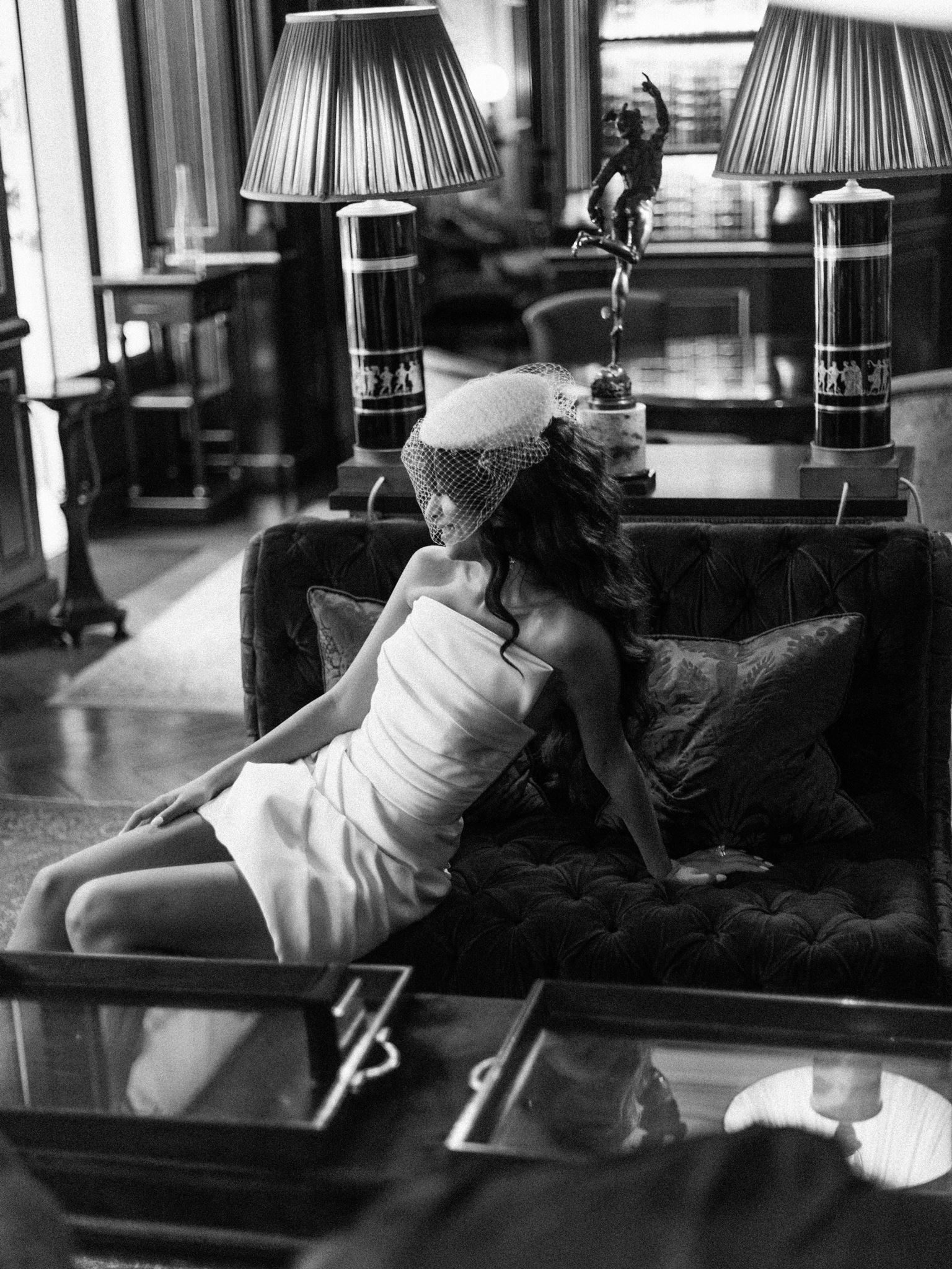 Luxury bridal portrait photographed in black and white in Paris
