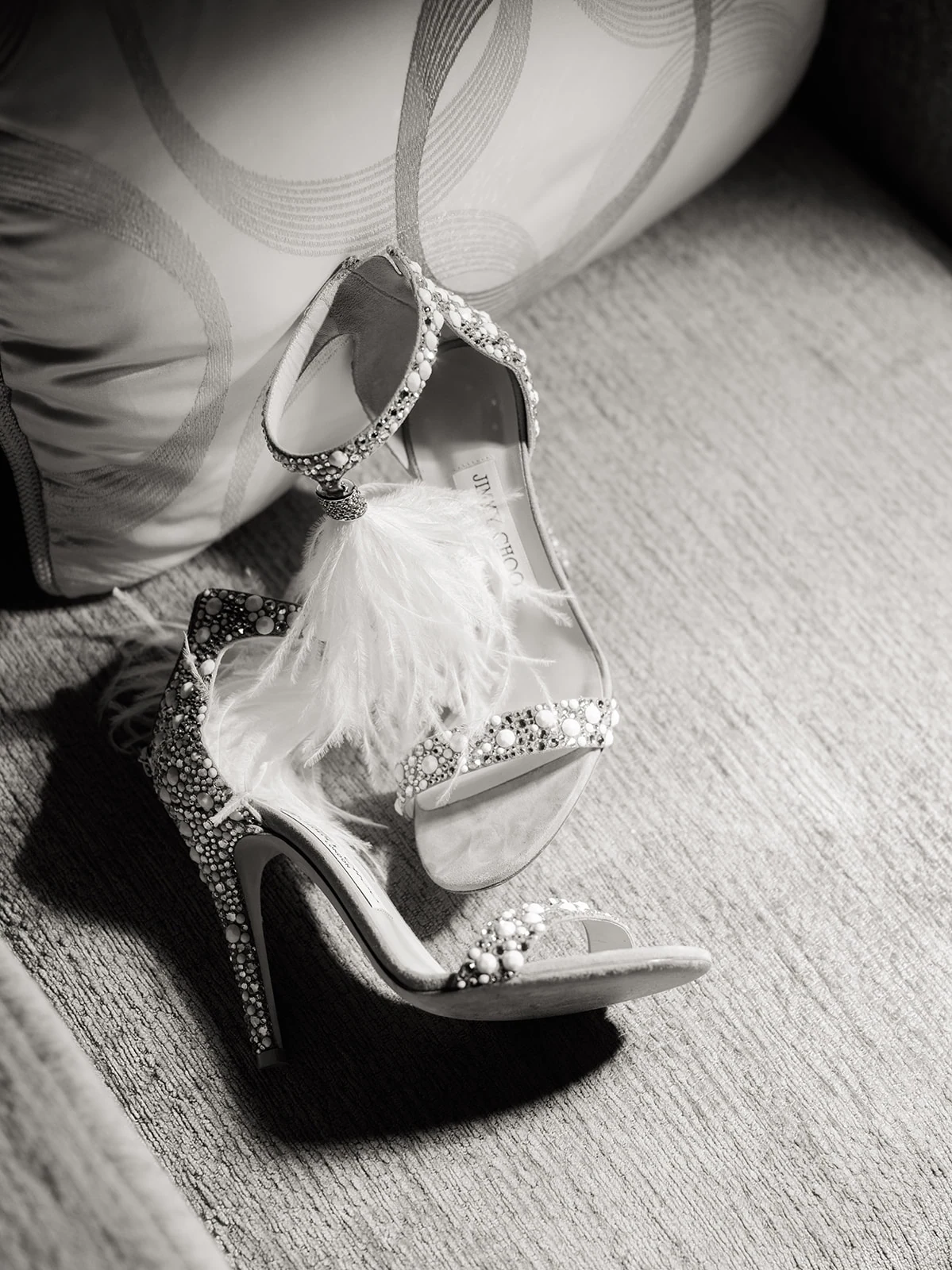Embellished Jimmy Choo wedding shoes photographed in a Peninsula Paris suite
