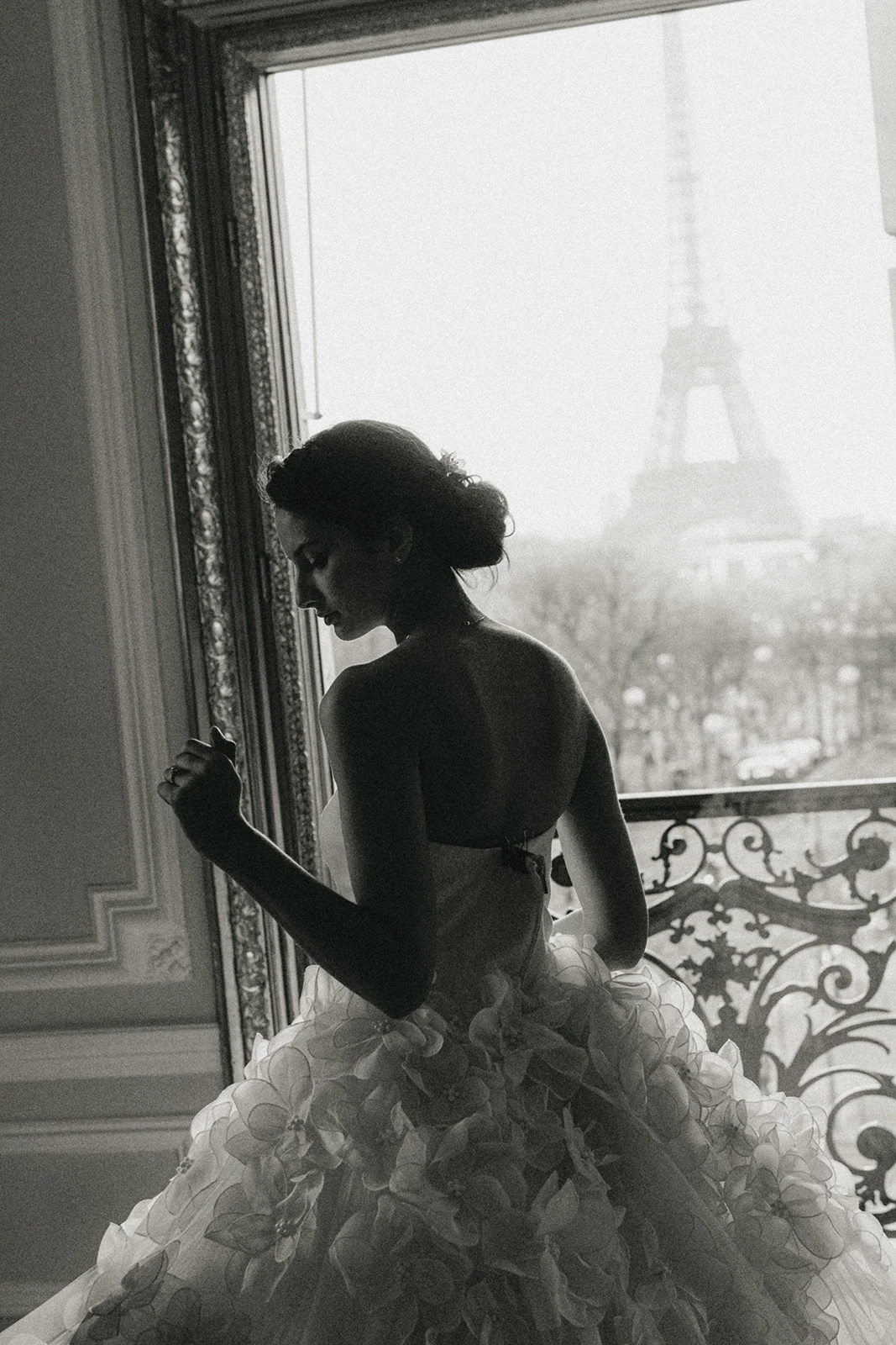 Bridal silhouette with Eiffel Tower view at Plaza Athénée