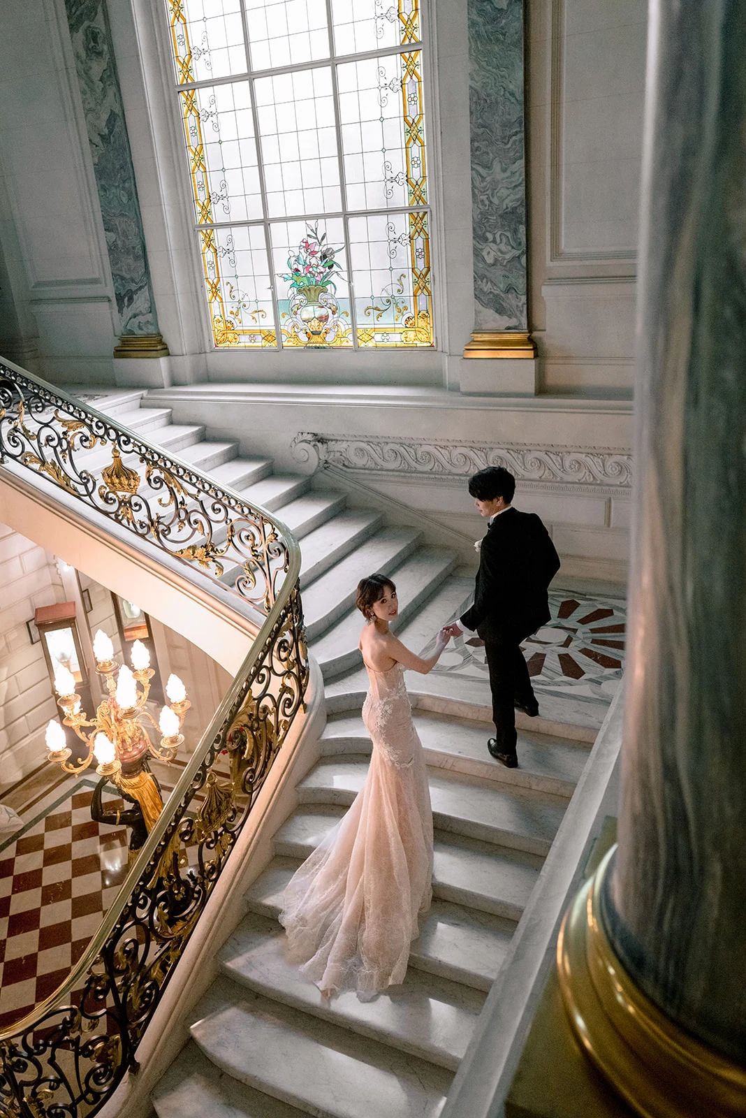 Elegant couple during a pre-wedding photo session at Shangri-La Paris
