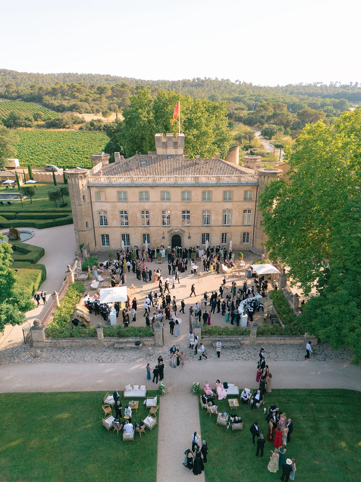 Drone view of the wedding celebration at Villa Baulieu in Provence