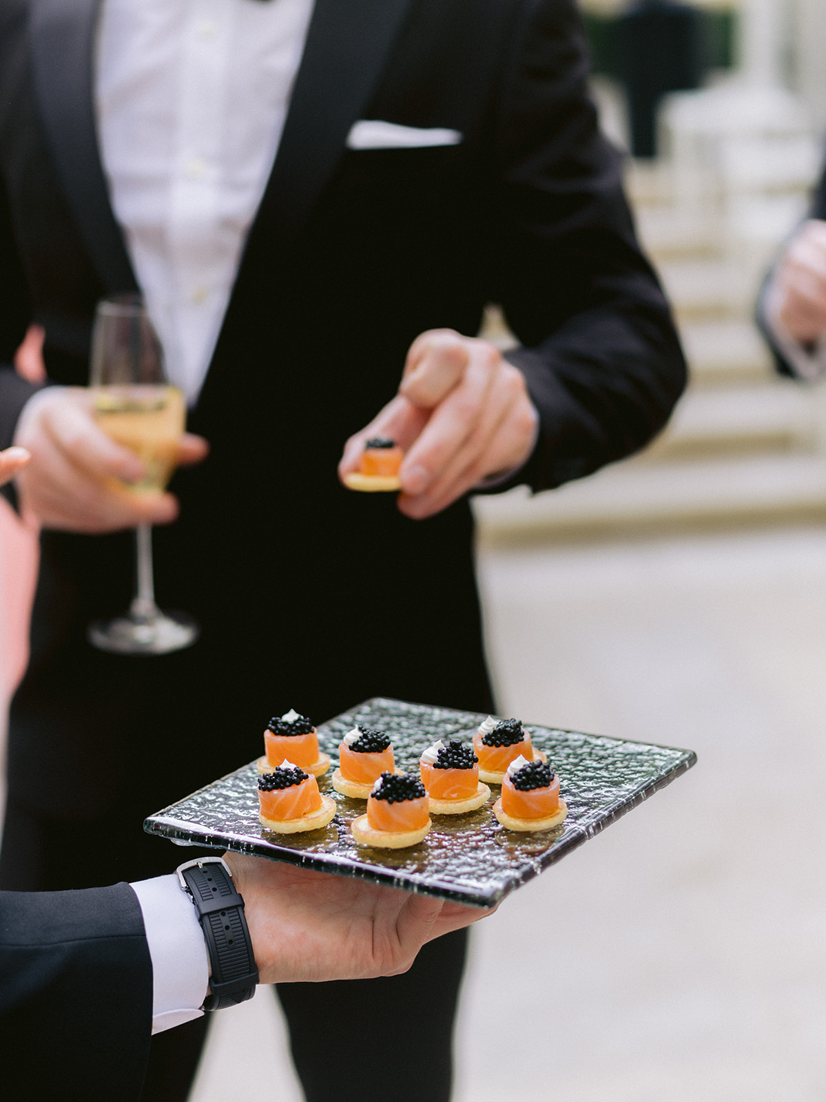 Luxury canapés served during cocktail hour at a Ritz Paris wedding
